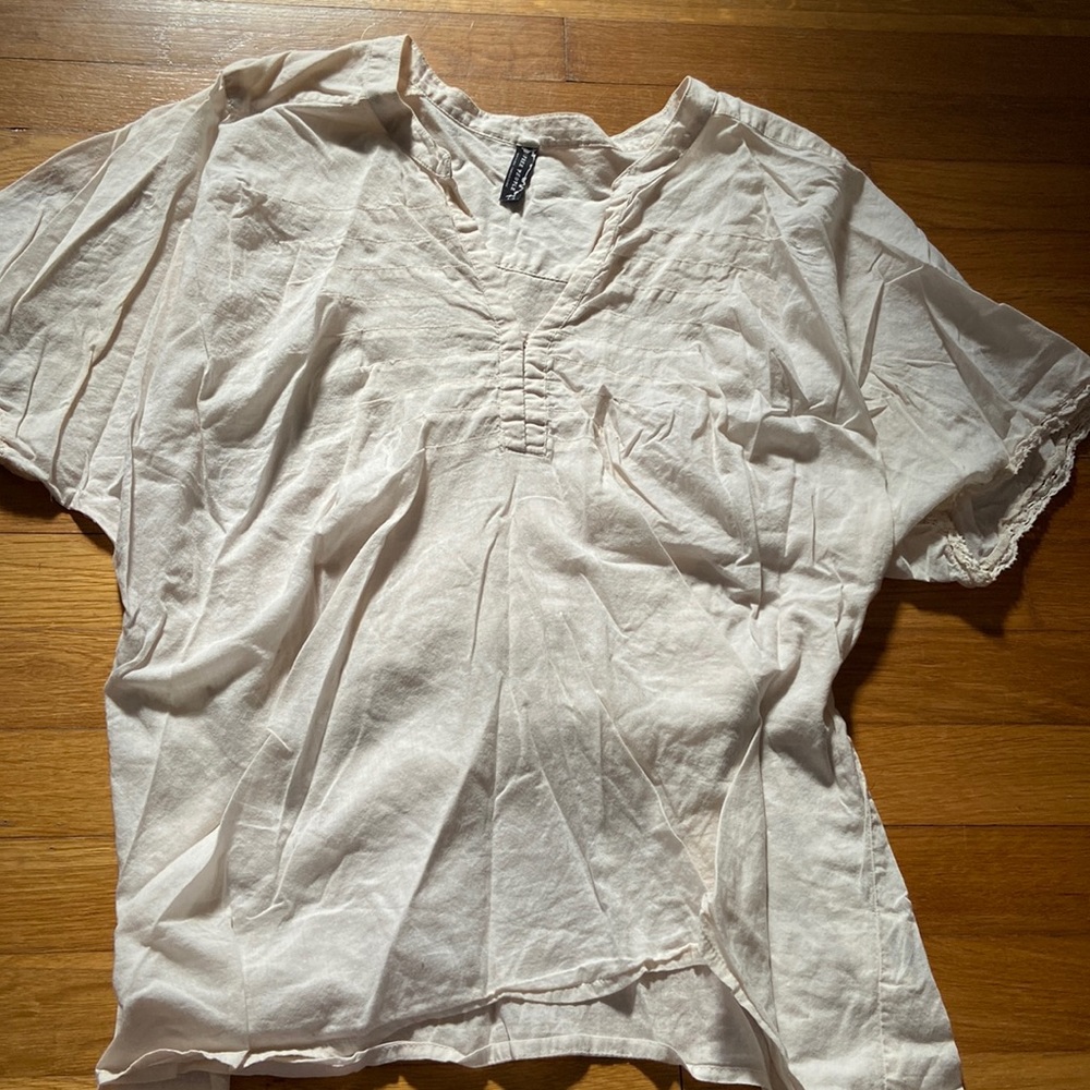 Free People Cream Linen Short Sleeve Top